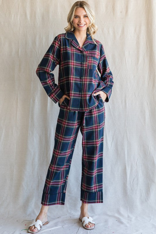 Briella checkered rayon pajama set with non-sheer lightweight fabric and relaxed silhouette.
