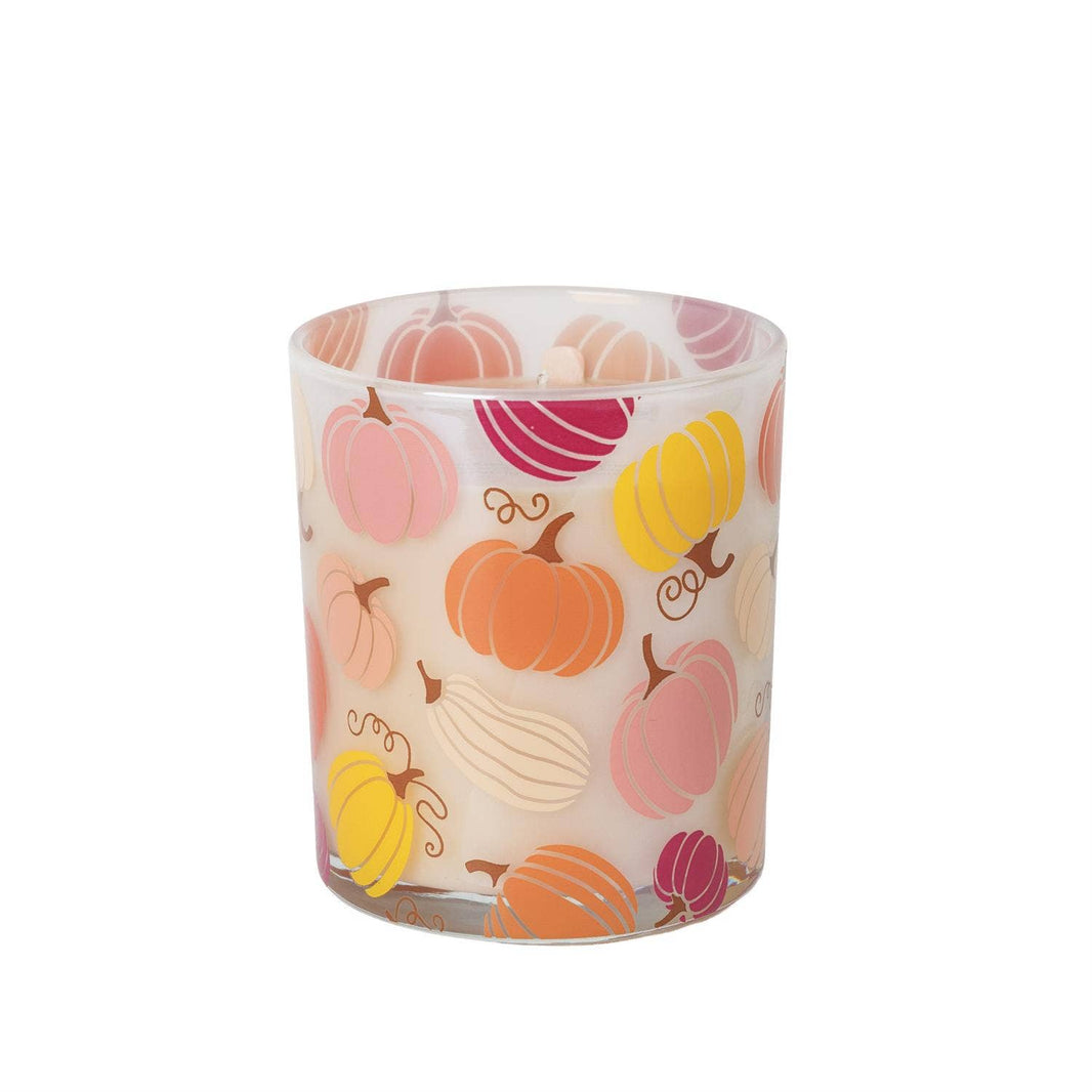 Sweet Grace candle in a frosted glass jar decorated with colorful pink, orange, and yellow pumpkins.