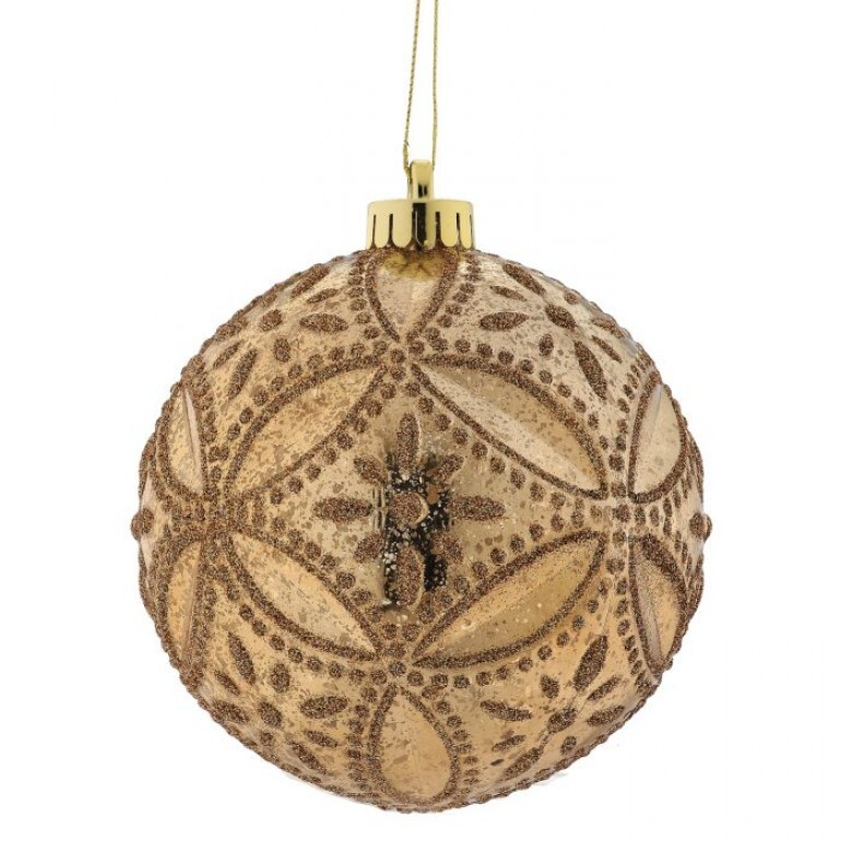 130mm gold mercury glass ornament with glitter floret patterns and a gold hanging string.