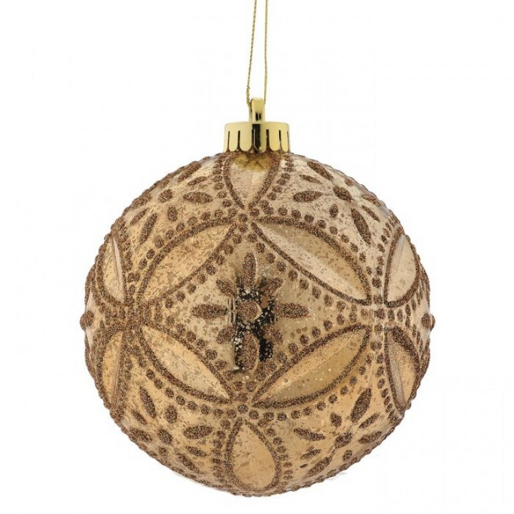 130mm gold mercury glass ornament with glitter floret patterns and a gold hanging string.