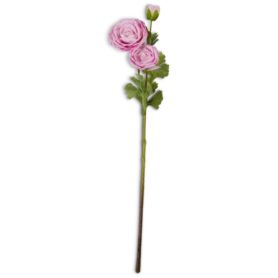 A 25-inch artificial pink ranunculus stem with two open blooms and one bud, featuring green leaves.