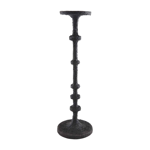 Black metal candlesticks with a sleek cylindrical silhouette.