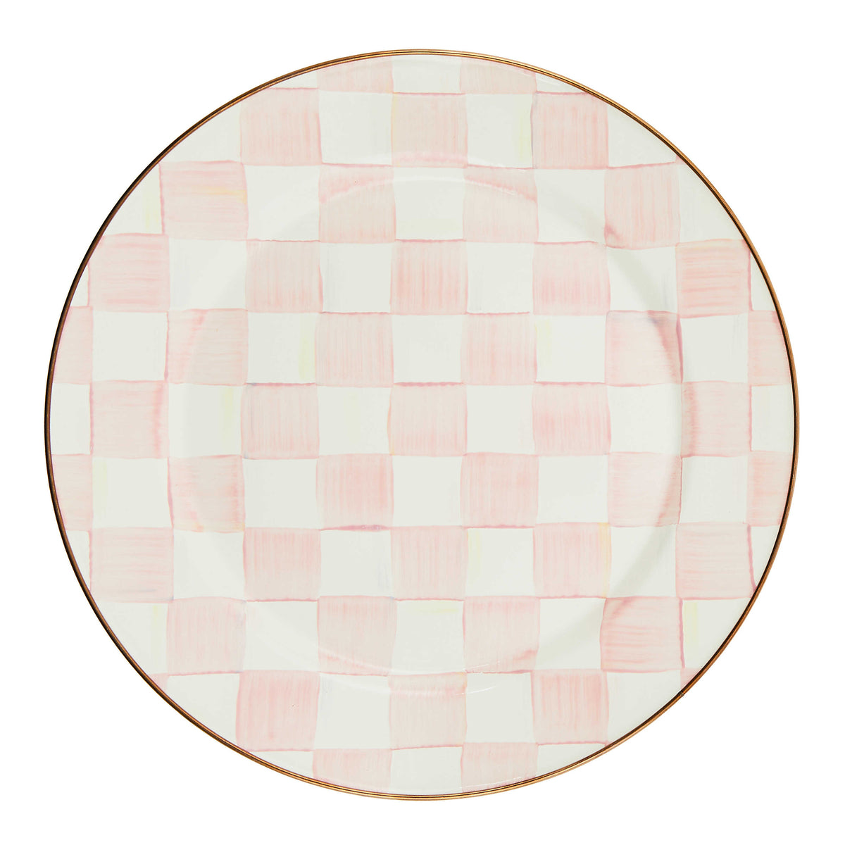 Round enamel plate with hand-painted pink and white checks and a bronzed stainless steel rim.