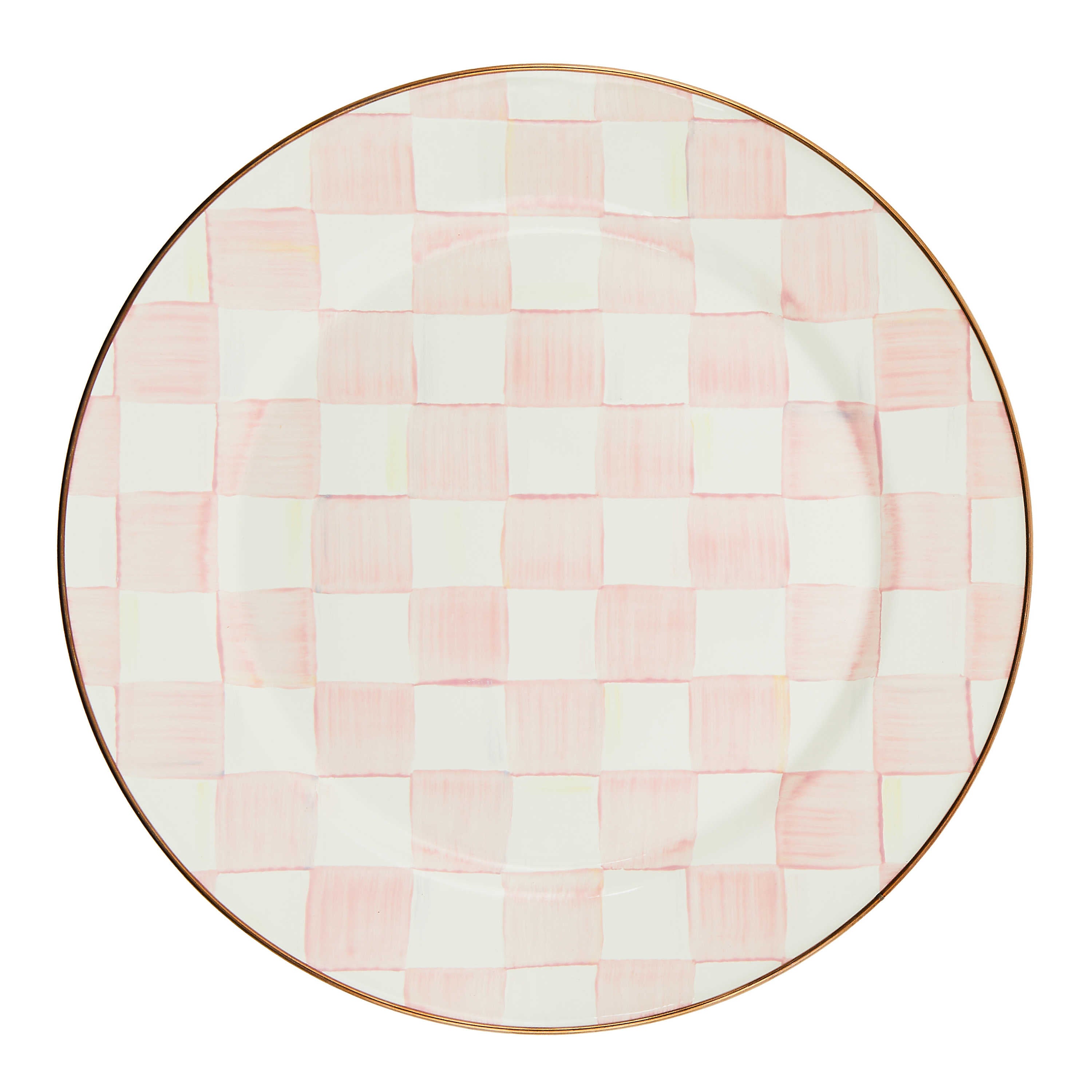 Round enamel plate with hand-painted pink and white checks and a bronzed stainless steel rim.