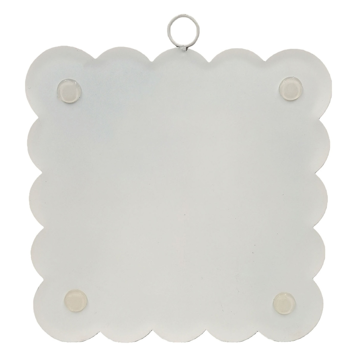 Back view of a white scalloped square wall hanging with a top metal ring and four corner bumpers.