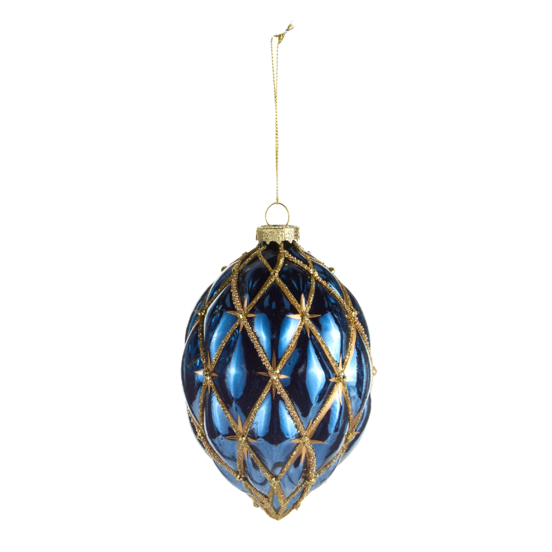 4-inch blue glass harlequin ornament with gold glitter lattice pattern and hanging string.