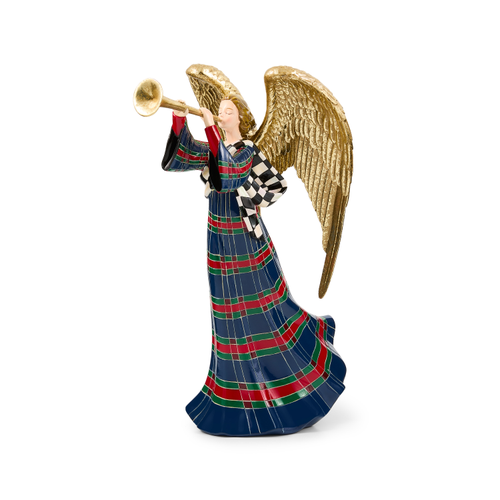 Timeless Tartan Angel Figurine with gold wings and trumpet, wearing a blue, red, and green gown.