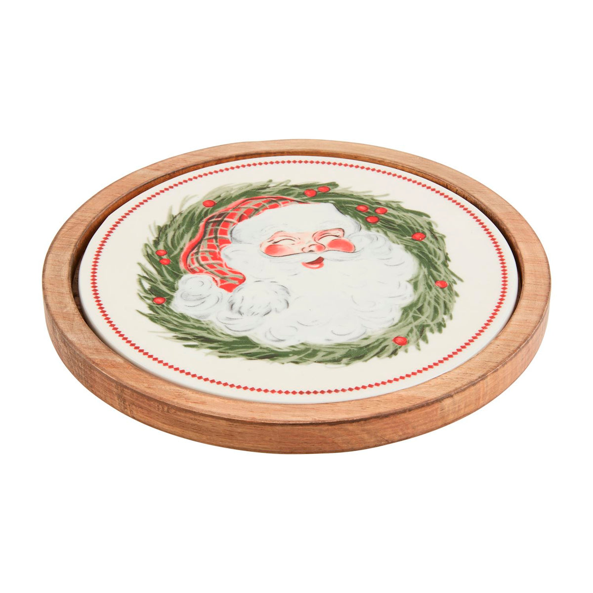 Round wooden Santa trivet with a stoneware center featuring a vintage Santa face in a green wreath.