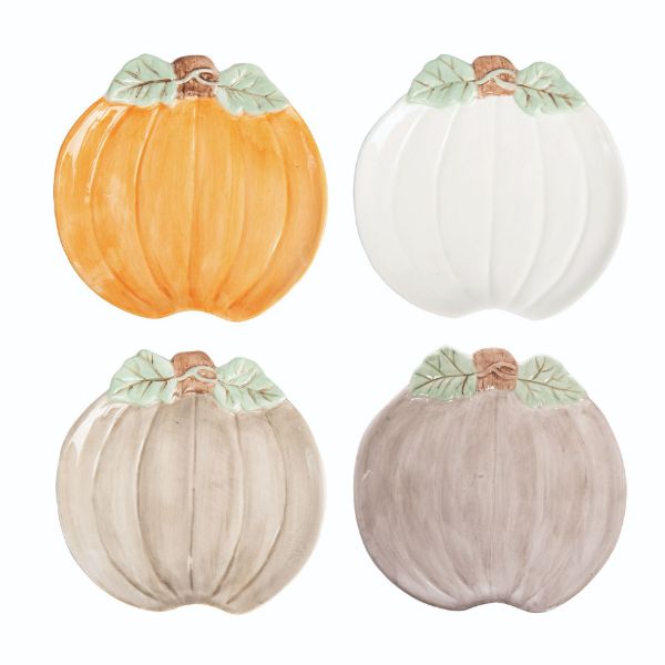 Set of four glazed ceramic pumpkin-shaped plates in orange, white, cream, and taupe colors.