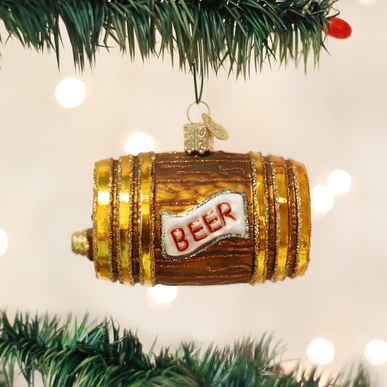 Glass beer keg Christmas ornament with gold glitter bands and a white label reading BEER.