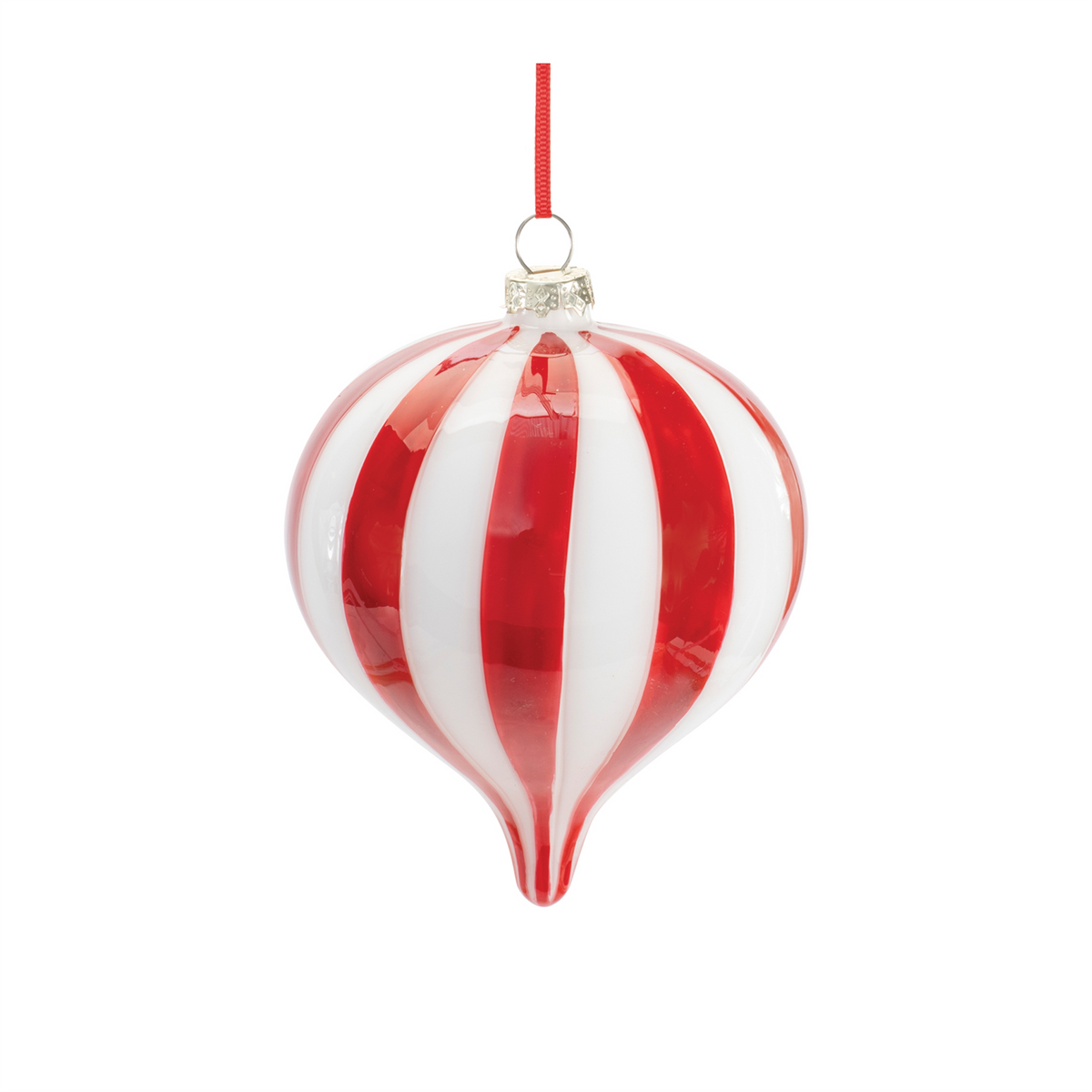 Red and white striped glass onion-shaped Christmas ornament with a red hanging ribbon.