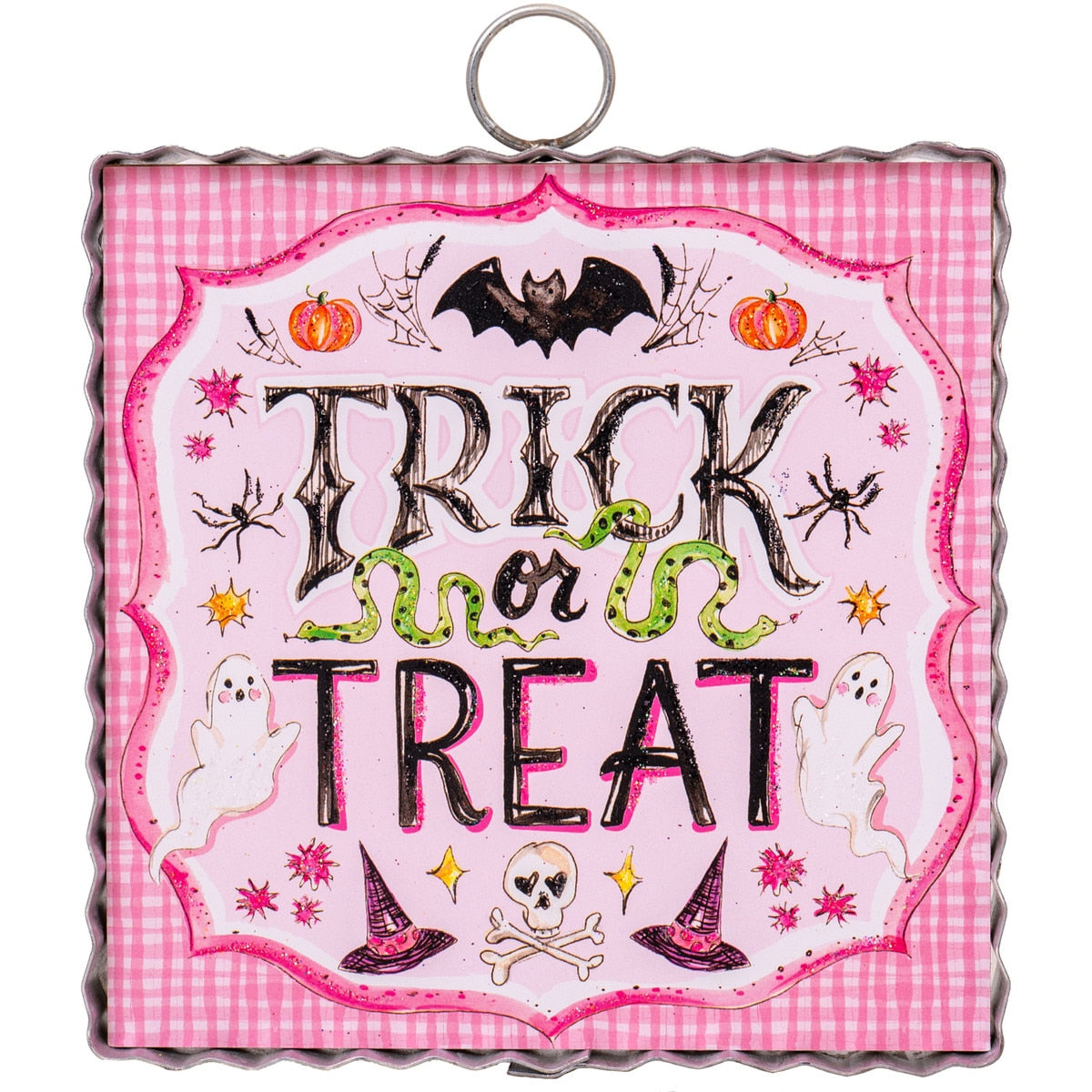 Mini pink gingham Trick or Treat wall art with Halloween illustrations and a metal frame.