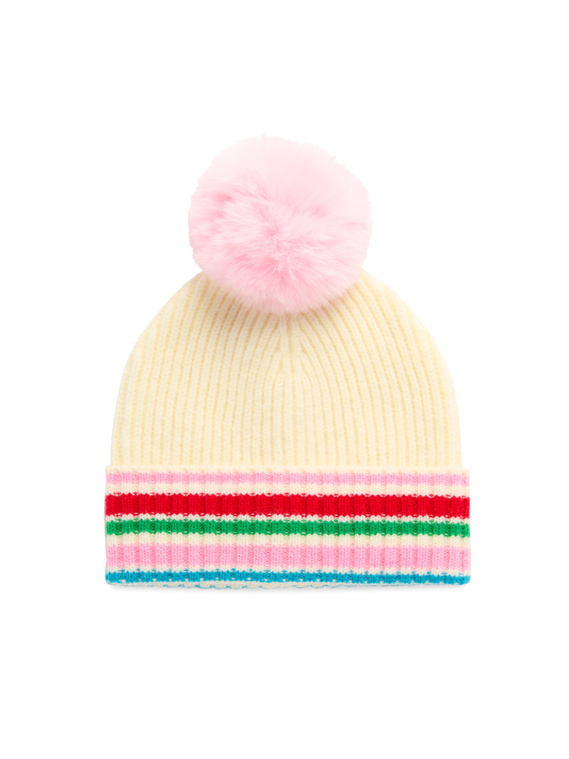 Cream ribbed knit Elle Beanie with a pink pom-pom and colorful striped trim.