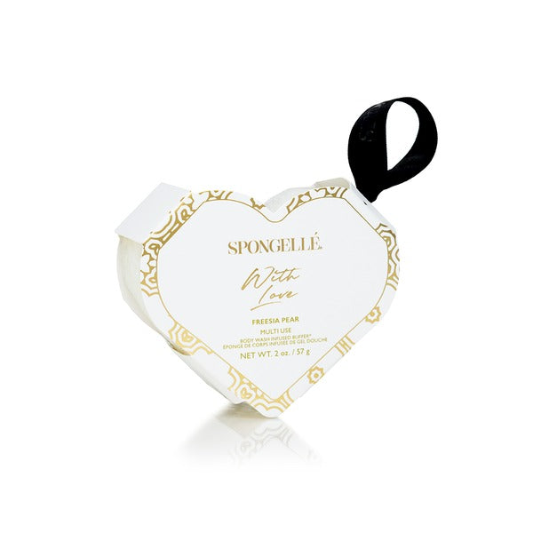 White heart-shaped body buffer sponge with Yuzu extract infusion technology.