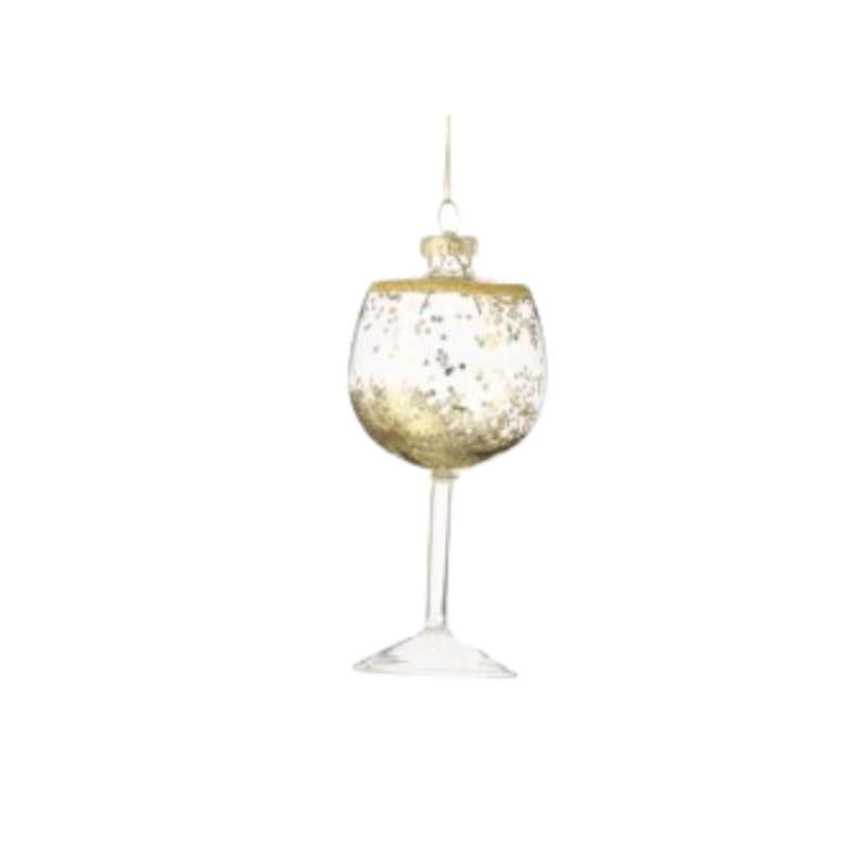 Glass wine glass ornament with gold glitter rim and sparkling gold confetti inside.