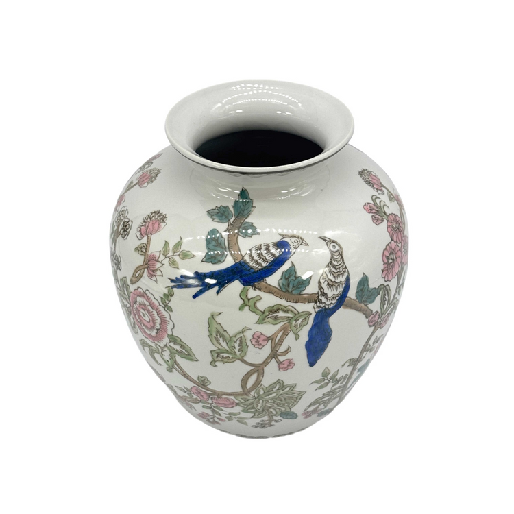 10-inch white ceramic Chinoiserie vase featuring blue parrots and pink floral branches.