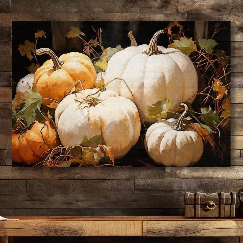 Pumpkins still life fall decor farmhouse wall art canvas featuring white and orange pumpkins.