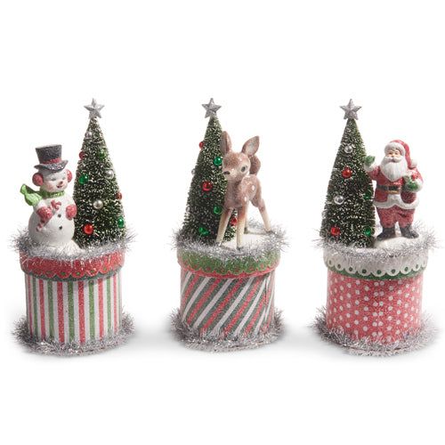 Ten-inch retro Christmas Friends box made of cardboard, resin, sisal, and PVC with festive holiday design.