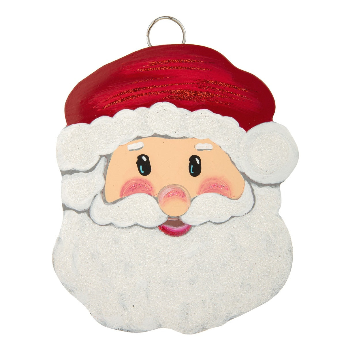 Santa Claus face charm hanging ornament with a red glitter hat and white glitter beard.