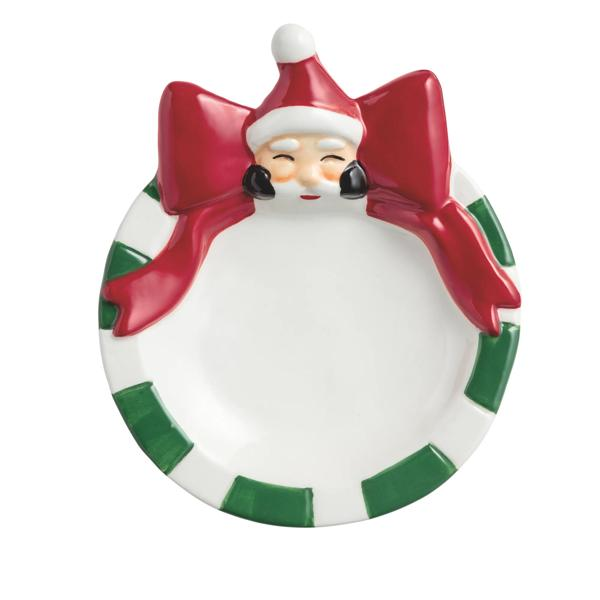 Hand-painted ceramic Santa bow trinket dish with a green and white striped rim.