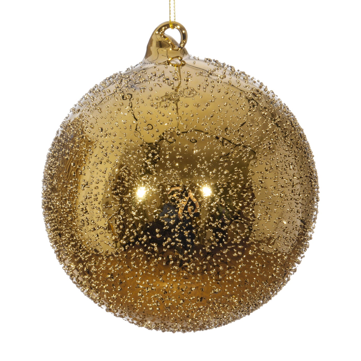 120mm copper and gold glass ball ornament with a textured beaded surface and hanging loop.
