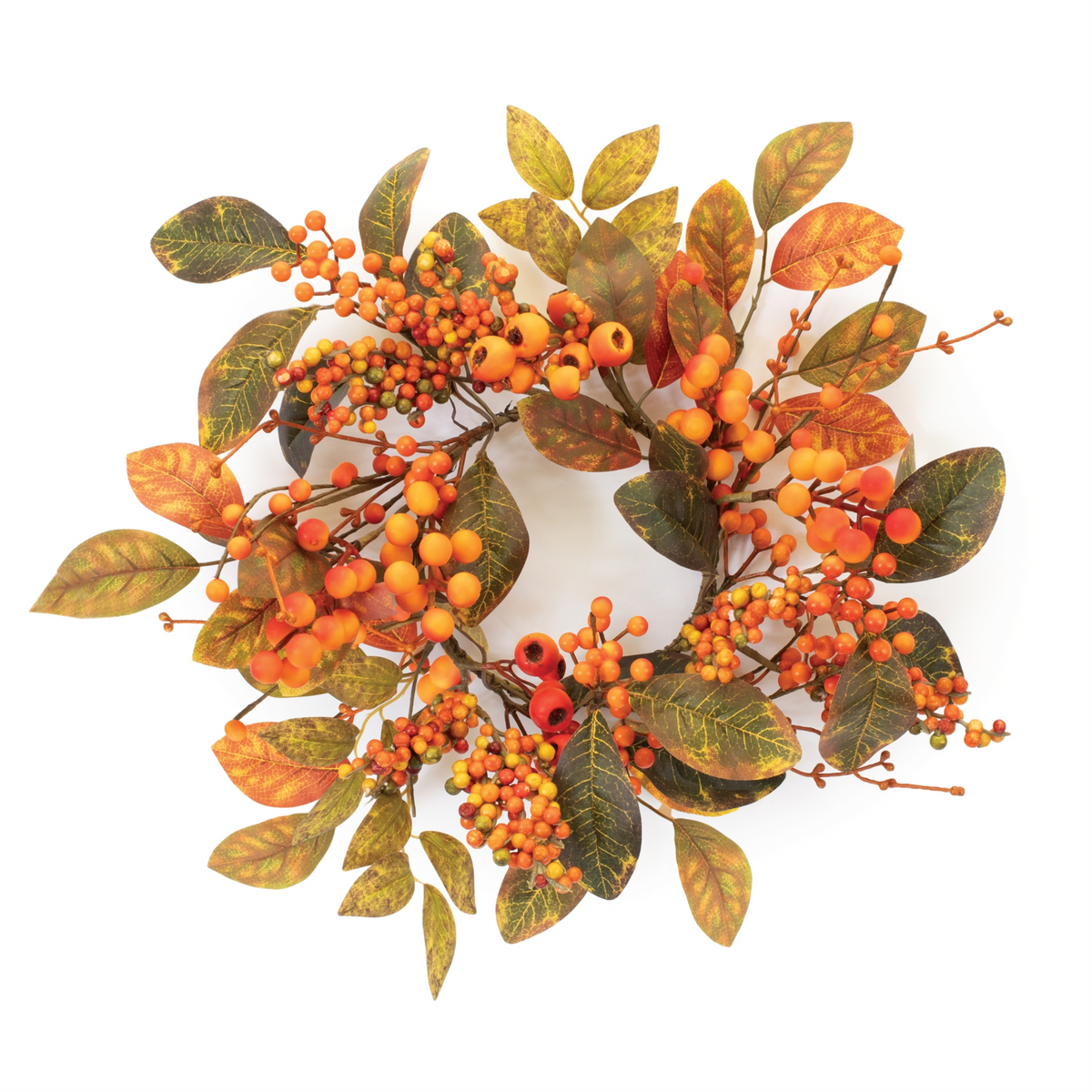 17-inch mixed berry candle ring with autumn leaves and orange berries on a white background.