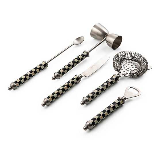 Courtly Check 5-piece bar tool set with checkered handles including spoon, jigger, knife, and more.