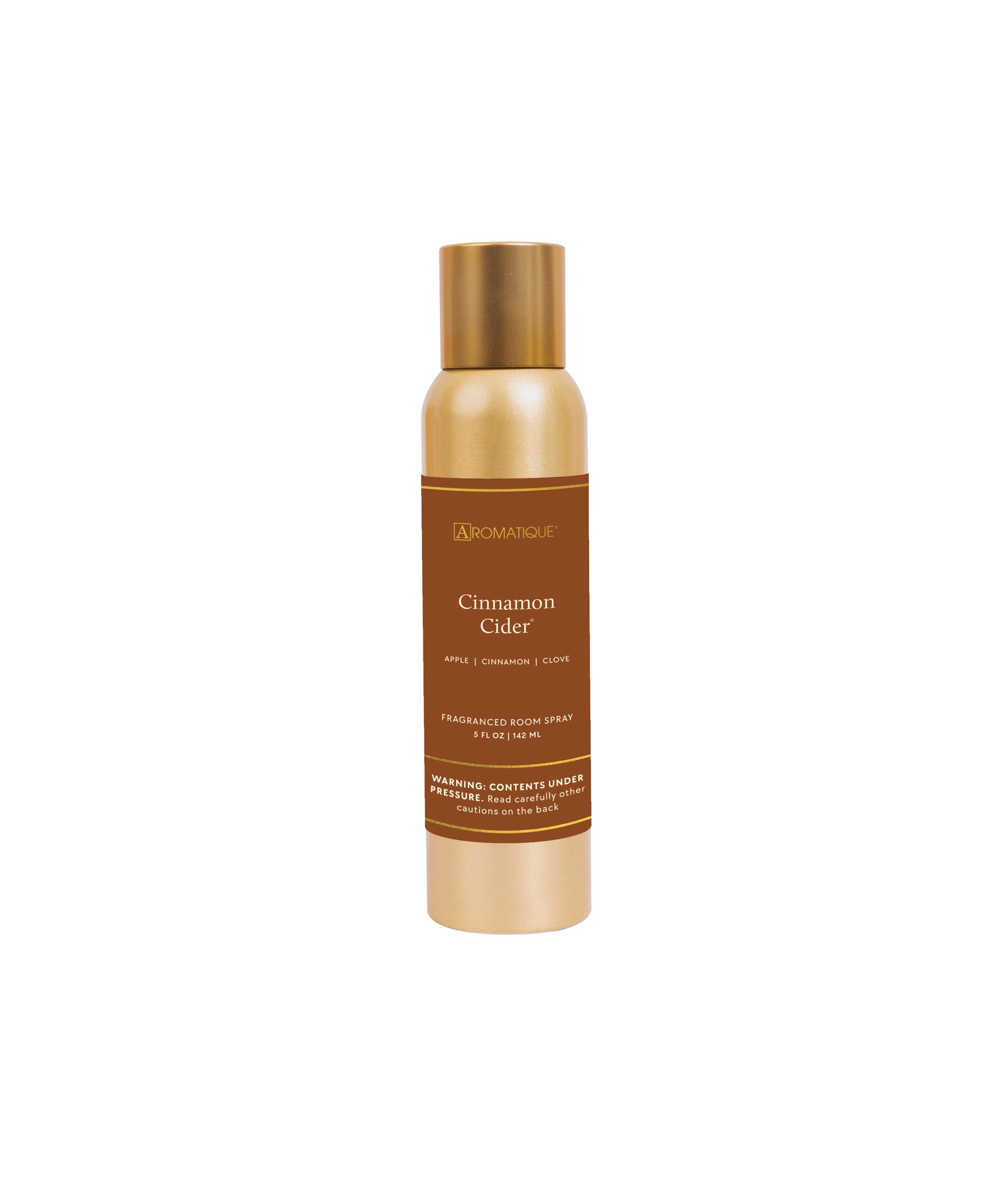 Aromatique Cinnamon Cider Aerosol Room Spray in a gold 5 oz bottle with a brown label.