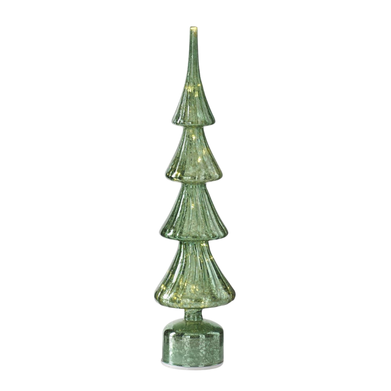 Tall rotating ribbed green mercury glass LED Christmas tree on a cylindrical base.