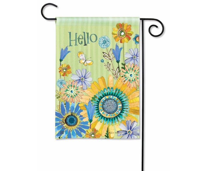 Green garden flag with "Hello" text and a colorful floral design featuring sunflowers, daisies, and a butterfly.