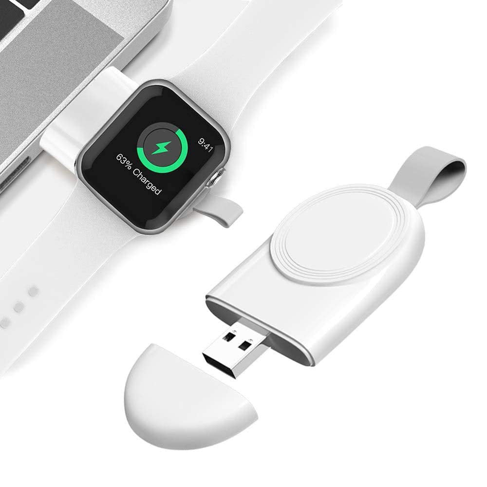 Compact portable Apple Watch charger with USB connection in black.