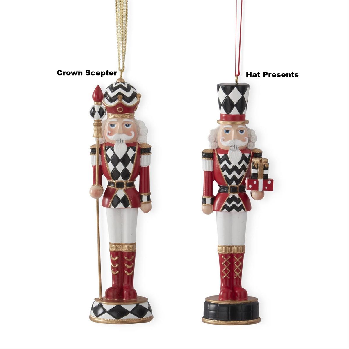 Two red and black harlequin check nutcracker ornaments, one with a scepter and one with presents.