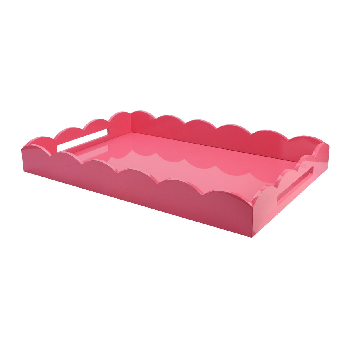 Pink lacquered scallop ottoman tray with cream velvet base and extra long handle cutouts.