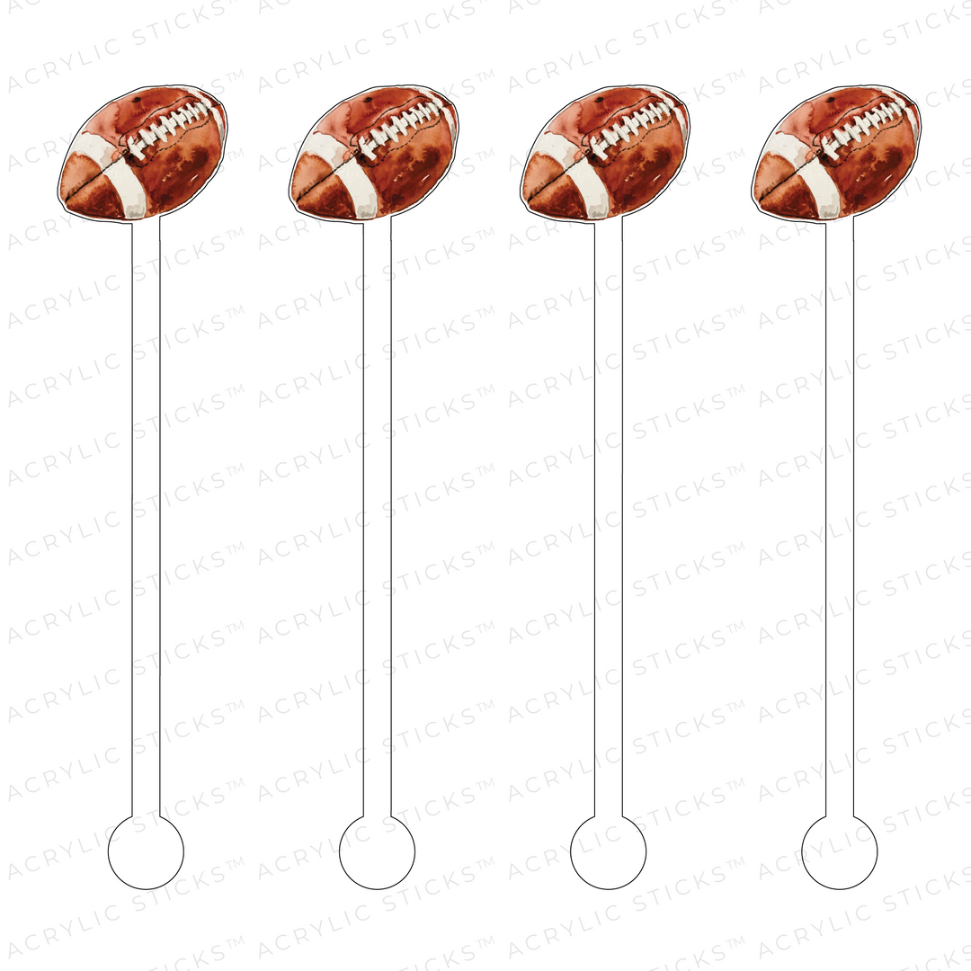 Set of four reusable acrylic drink stir sticks featuring watercolor football designs on top.