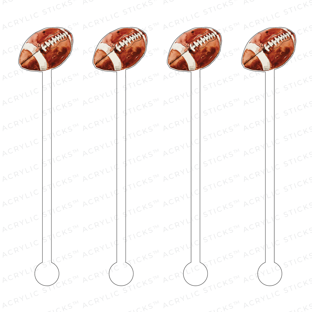 Set of four reusable acrylic drink stir sticks featuring watercolor football designs on top.