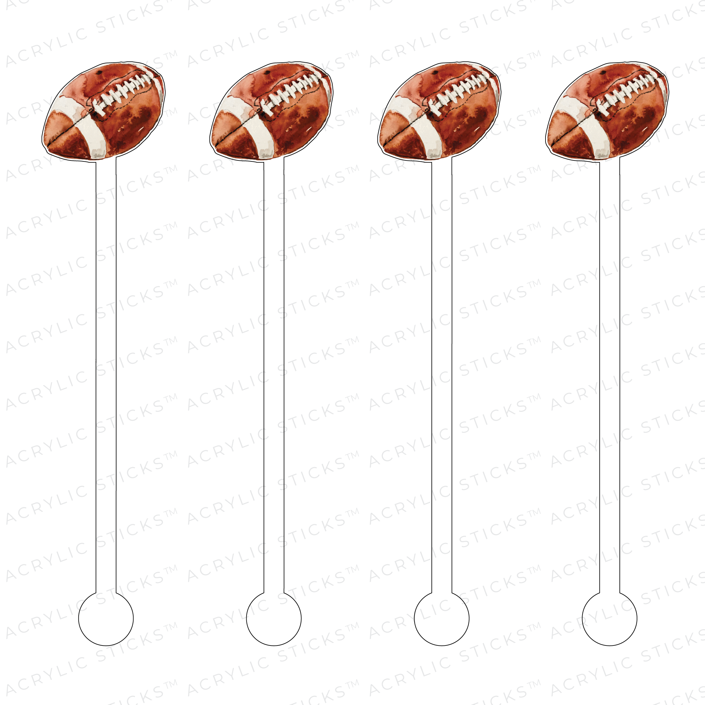 Set of four reusable acrylic drink stir sticks featuring watercolor football designs on top.