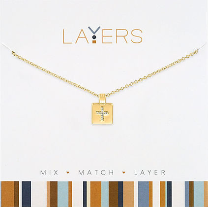 Gold layered necklace with cross tag pendant encrusted in clear cubic zirconia stones