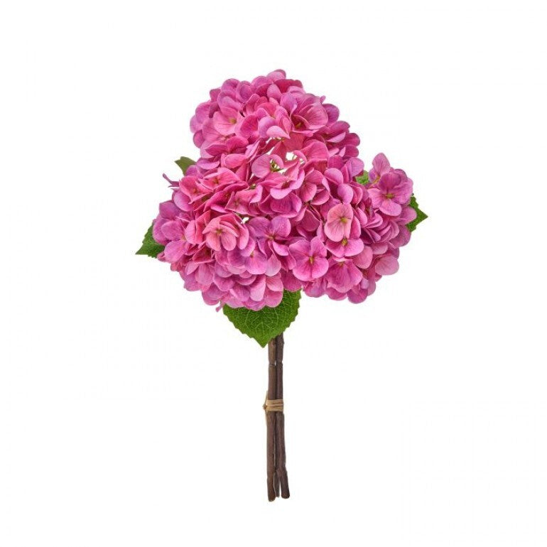 Three eighteen-inch artificial hydrangea stems with plastic wire structures and real-touch petals in a bundled arrangement.