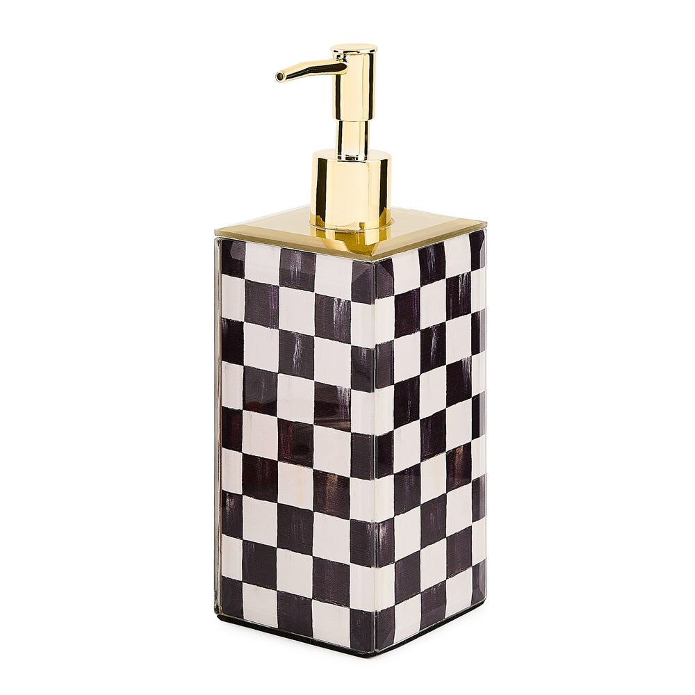Courtly Check glass soap pump with a printed geometric checkered pattern on clear material.