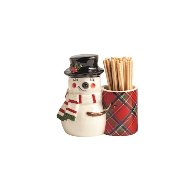 Hand-painted snowman stoneware toothpick caddy with a red tartan plaid holder and 12 toothpicks.