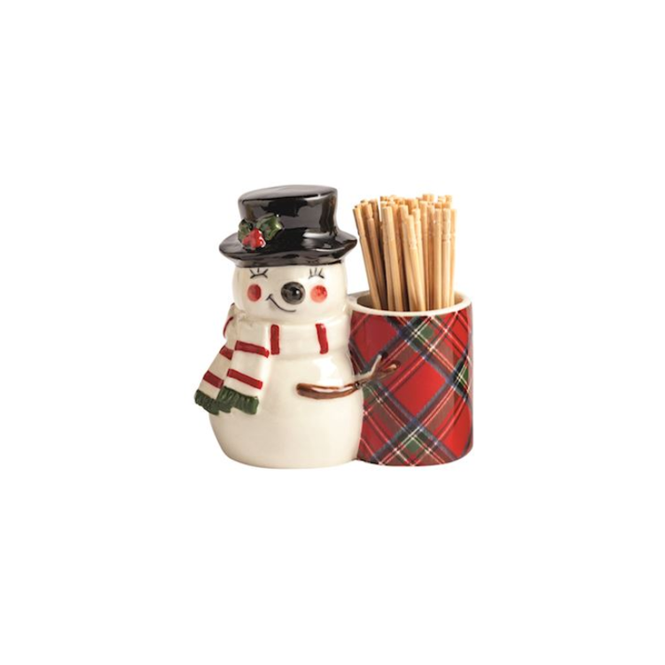 Hand-painted snowman stoneware toothpick caddy with a red tartan plaid holder and 12 toothpicks.
