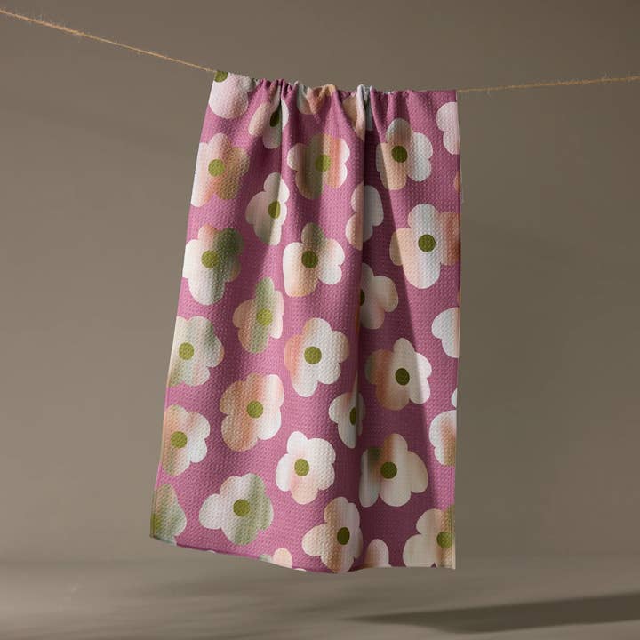 Recycled polyester waffle weave kitchen tea towel with single-sided print.