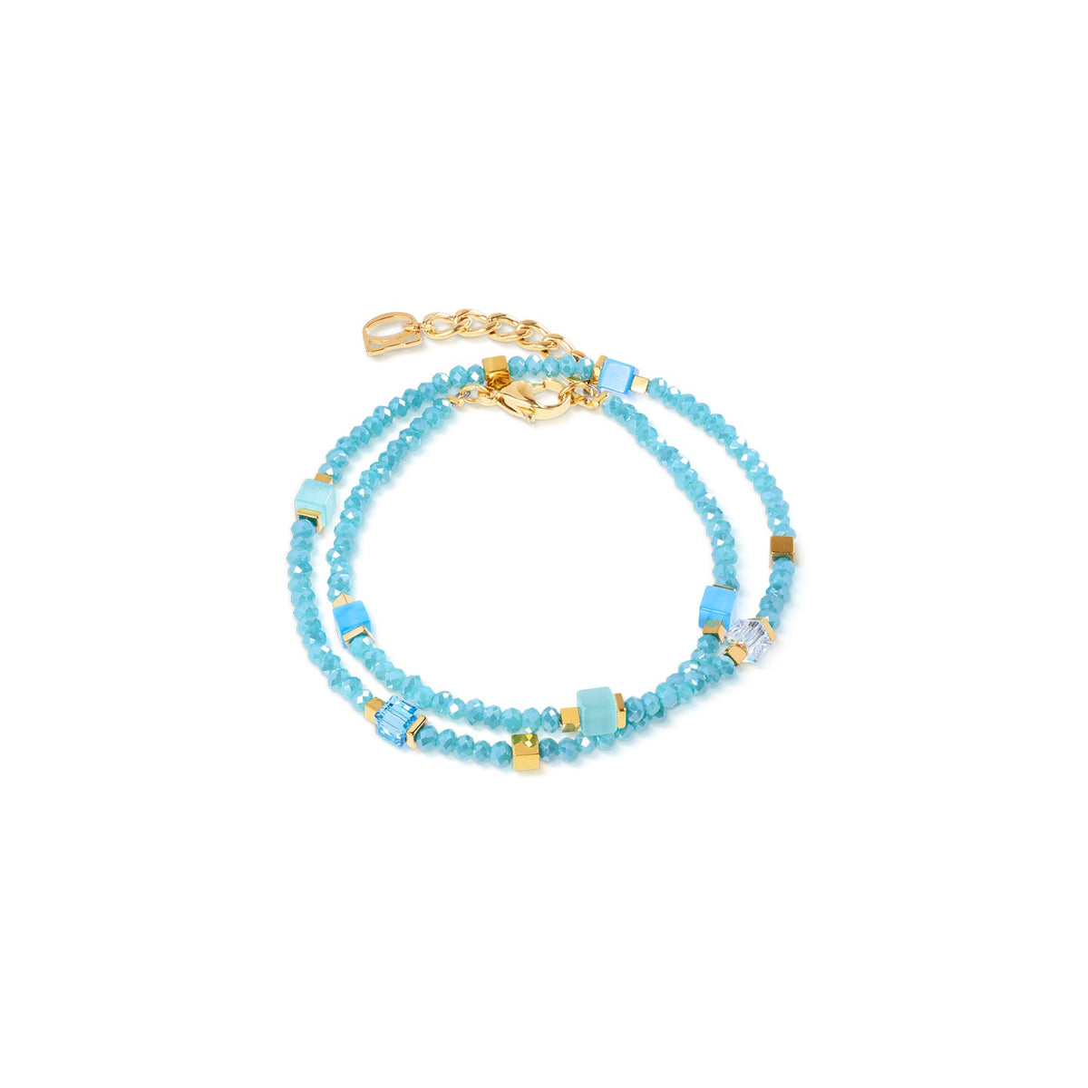 Joyful Colours Flex Bracelet with blue faceted beads and gold-plated cube accents.