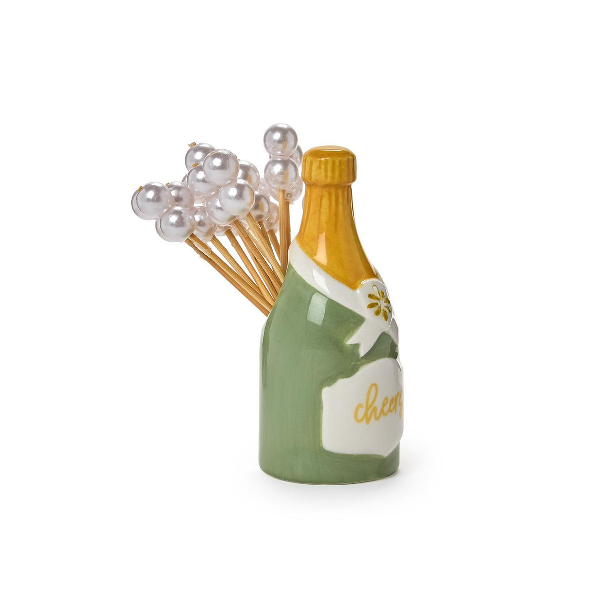 Ceramic green champagne bottle pick holder with 20 pearl-topped bamboo cocktail picks.