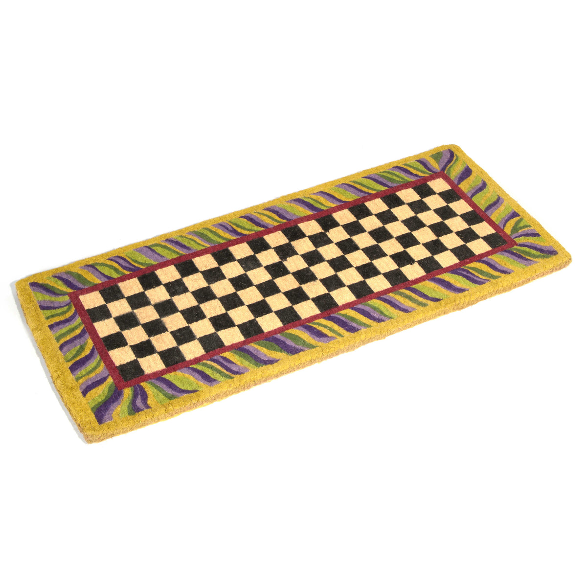 Rectangular coir door mat with black and white checkered center and colorful wavy border.