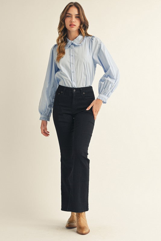 Cindy ruffle-accent button-down shirt in white cotton with a relaxed silhouette and decorative buttons.