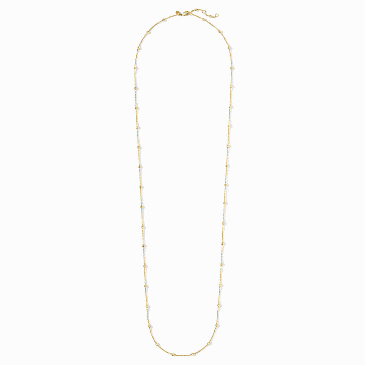 Long gold Solara Delicate Station Necklace with small gold beads spaced along a thin chain.