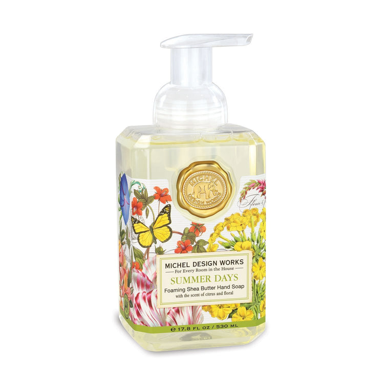 Spring Foaming Soap in a clear bottle with white liquid.