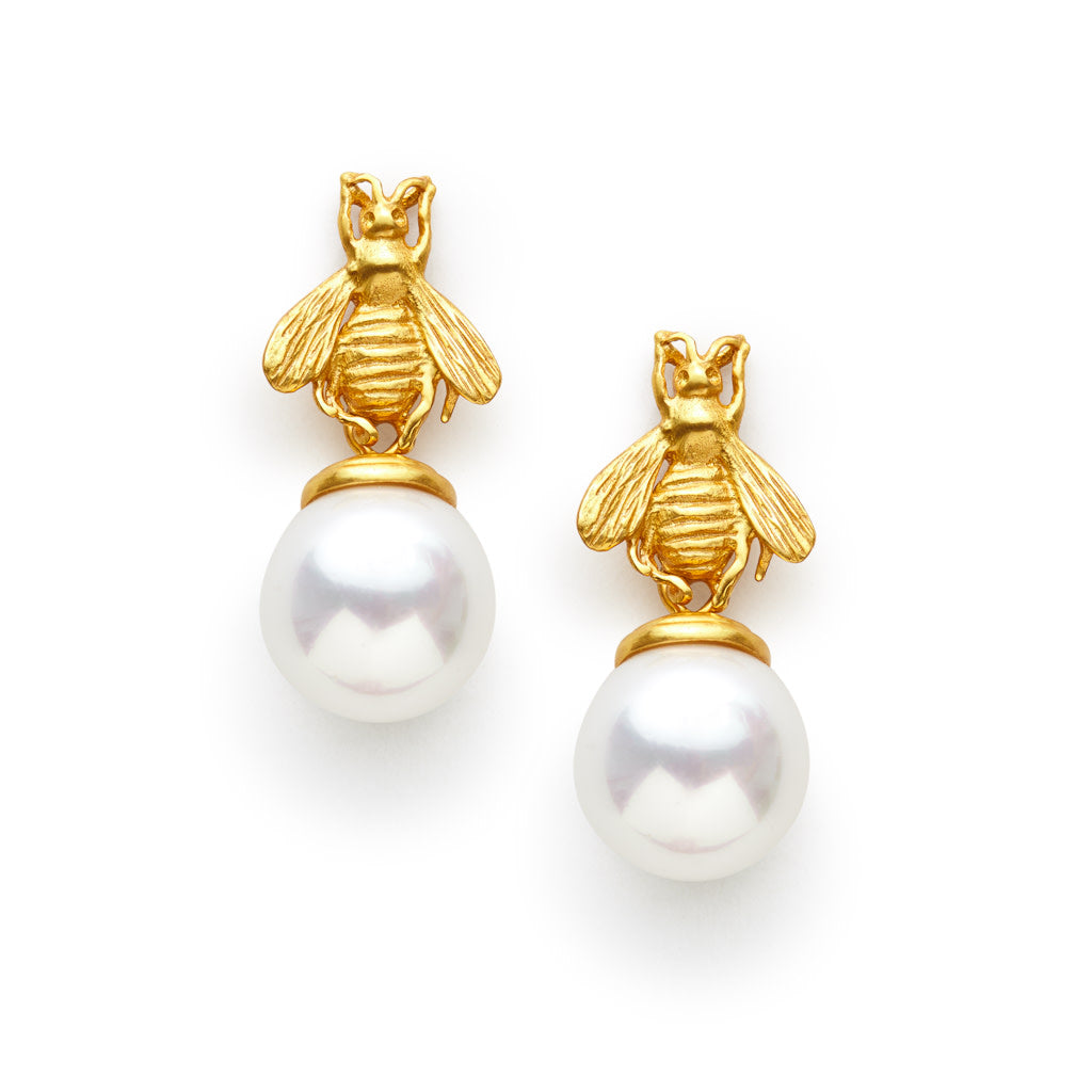 Pair of 24K gold plated bee drop earrings with large white pearls.