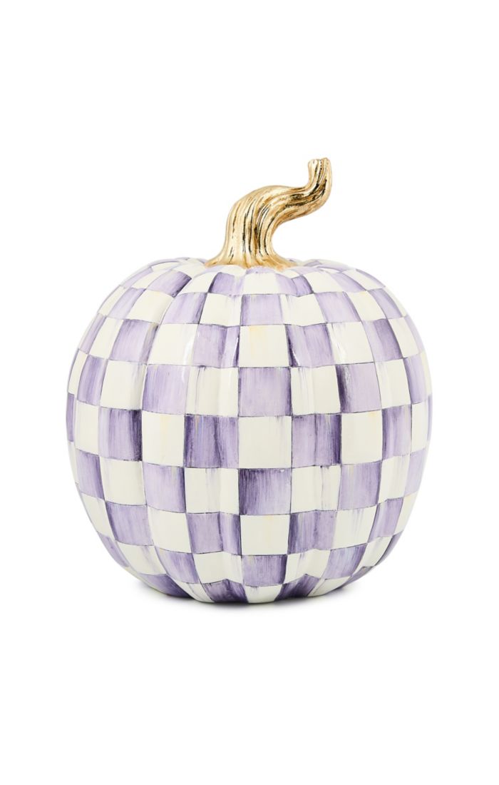 Large resin pumpkin with a violet and white hand-painted checkered pattern and a gold stem.